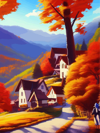 Autumn landscape with houses and mountains, beautiful orange trees on a sunny day along the road, countryside vector illustrationのイラスト素材
