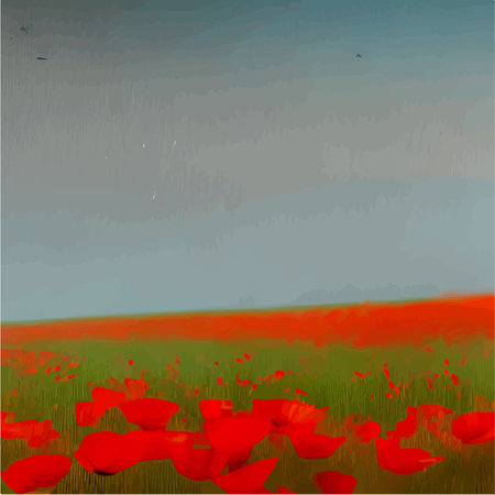 Beautiful red poppies in field. Wild flower spring nature landscape. Vector illustration for interior design, textile print, print issues, invitation and greeting cards.のイラスト素材