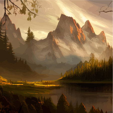 Forest and mountains river landscape vector. Foggy cloudy day vector illustration. Summer season alpine wildlife with scenic viewのイラスト素材