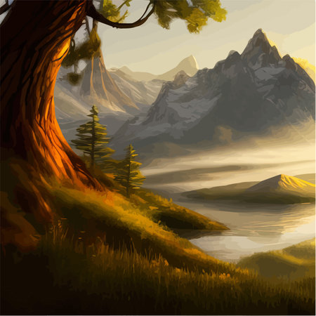 Cartoon landscapes. Beautiful mountains with forest on background sky with clouds, Design element for poster, card, banner, flyer. Vector illustrationのイラスト素材