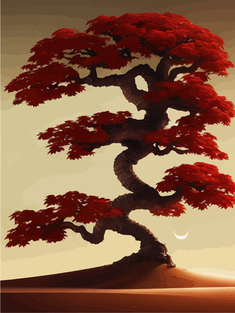 Landscape background. Autumn orange big crooked tree on hill alonePlant Art design for print, cover, wallpaper, Minimal and natural, fantasy wildlife vector illustrationのイラスト素材