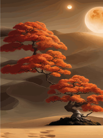 Landscape background. Autumn orange big crooked tree on hill alonePlant Art design for print, cover, wallpaper, Minimal and natural, fantasy wildlife vector illustrationのイラスト素材