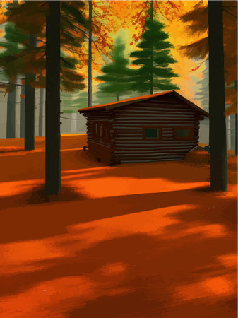 Fairytale house made logs with red roof, old wooden door, window. Vector illustration in cartoon style, in autumn forest with orange bright foliageのイラスト素材