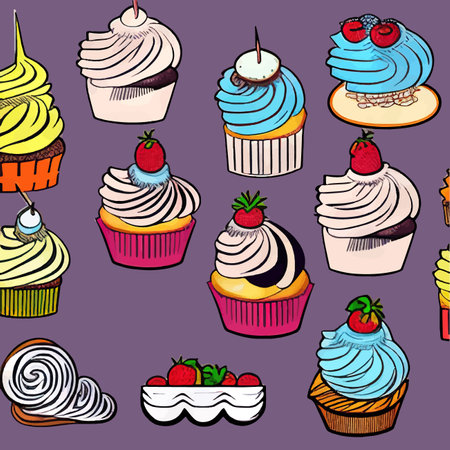 Set of cute vector cupcakes and muffins on color background, vector illustration