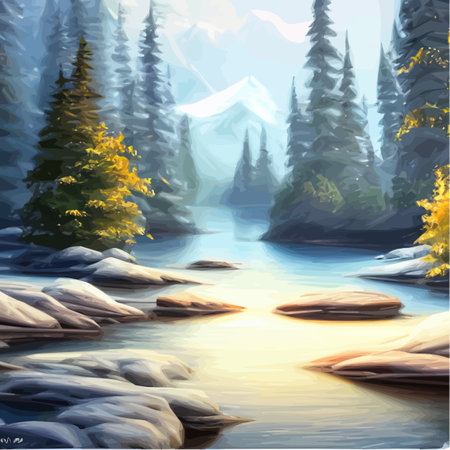 Mountain wild landscapes, hills coniferous trees with mountains and river silhouette template Mountain river landscape vector Illustration. Fog Beautiful Nature.のイラスト素材