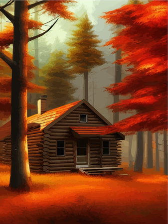 Fairytale house made logs with red roof, old wooden door, window. Vector illustration in cartoon style, in autumn forest with orange bright foliageのイラスト素材