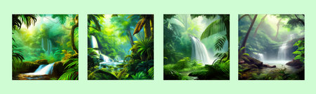 Waterfall Jungle Landscape Vector illustration. Tropical natural scenery with cascade of stones, river water flows, green exotic forest with wildlife, beautiful picture for your designのイラスト素材