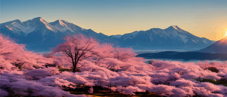 Oriental spring background with hills sun and mountain sakura blossoms. Stock Japanese garden illustration in pink and purple color scheme vector illustration for postcards, flyers and advertisementsのイラスト素材