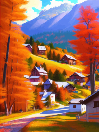Autumn landscape with houses and mountains, beautiful orange trees on a sunny day along the road, countryside vector illustrationのイラスト素材
