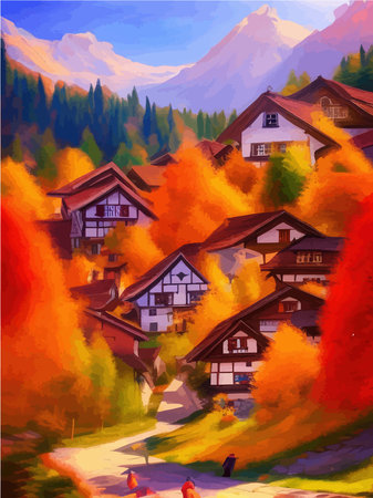 Autumn landscape with houses and mountains, beautiful orange trees on a sunny day along the road, countryside vector illustrationのイラスト素材