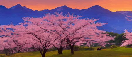 Oriental spring background with hills sun and mountain sakura blossoms. Stock Japanese garden illustration in pink and purple color scheme vector illustration for postcards, flyers and advertisementsのイラスト素材