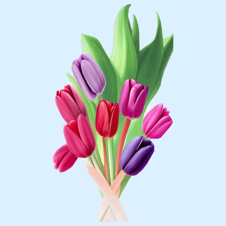 vector background with tulips. Hand drawn illustration, Happy mothers day. Spring holiday design template with pink tulip, Cute easter set with bunny flowersのイラスト素材