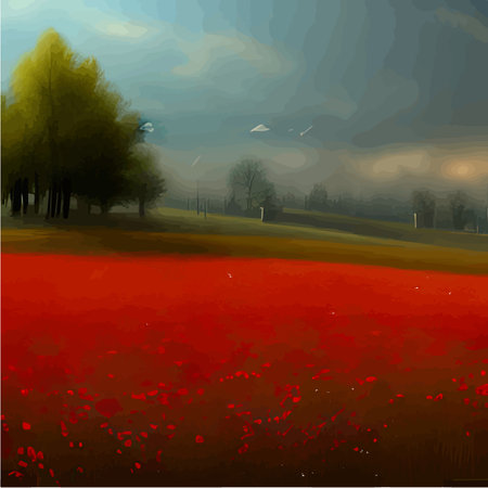 Beautiful red poppies in field. Wild flower spring nature landscape. Vector illustration for interior design, textile print, print issues, invitation and greeting cards.のイラスト素材