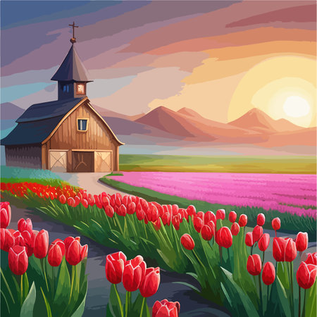 Horizontally vector illustration vast fields red tulips in beautiful countryside against a blue sky with cloudsのイラスト素材