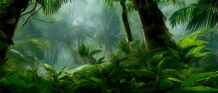 Abstract foliage and botanical background. Green tropical forest wallpaper made of trees and leaves, tropical forest palm leaves and branches. Exotic plants Background for banner, vector illustrationのイラスト素材