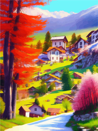 Natural landscape illustration, trees, forest, mountains, flowers, plants, houses. Beautiful landscape of nature. Vector illustrationのイラスト素材