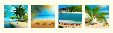 Seaside landscape. Nobody under the green palm trees on the coast. Time to travel. Tropical beach. Summer holidays. Golden sand and blue sea with sky, vector illustrationの写真素材