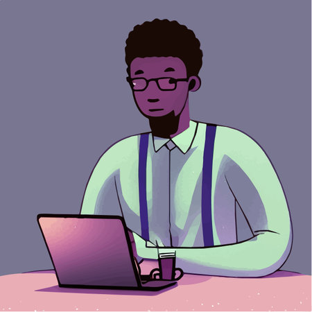 Black leather male freelancer works in cafe. Young man is sitting at table and using a laptop for a chat or an online meeting. An independent guy in a comfortable coworking space. Vector illustrationのイラスト素材