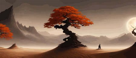 A gloomy autumn orange tree in desert against backdrop mountains and hills in a fantasy world. Vector illustrationのイラスト素材