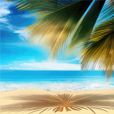 Summer on beach. Palms and plants around. Vector illustration. Summer vacation on the sea coast white sand on a sunny day blue sky and oceanのイラスト素材