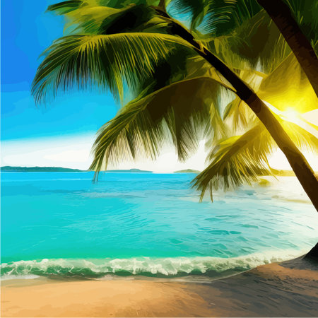 Summer on beach. Palms and plants around. Vector illustration. Summer vacation on the sea coast white sand on a sunny day blue sky and oceanのイラスト素材