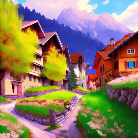 Scene with rural landscape. Blooming spring trees on street near house, hills and mountains. Vector illustration of bright springtimeのイラスト素材