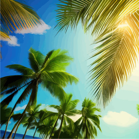 Summer on beach. Palms and plants around. Vector illustration. Summer vacation on the sea coast white sand on a sunny day blue sky and oceanのイラスト素材