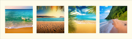 Seaside landscape. Nobody under the green palm trees on the coast. Time to travel. Tropical beach. Summer holidays. Golden sand and blue sea with sky, vector illustrationの写真素材