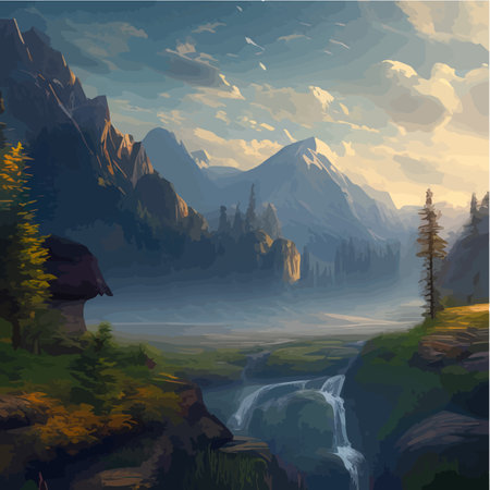 Beautiful river mountain forest. Landscape sharp mountains river bank and pines. Vector illustration nature background pictureのイラスト素材