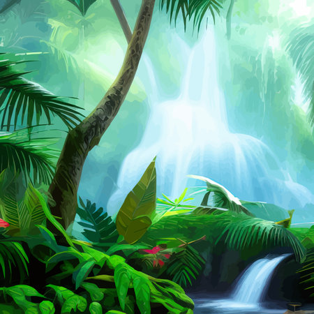 Natural tropical landscape with waterfall flowing between rocks and trees. Water stream flows into lake, overgrown with wild bushes and trees. Cartoon tropical panoramic scene, vector illustrationのイラスト素材