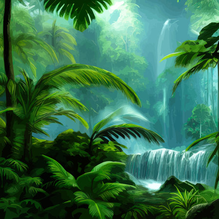 Natural tropical landscape with waterfall flowing between rocks and trees. Water stream flows into lake, overgrown with wild bushes and trees. Cartoon tropical panoramic scene, vector illustrationの写真素材