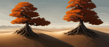 A gloomy autumn orange tree in desert against backdrop mountains and hills in a fantasy world. Vector illustrationのイラスト素材