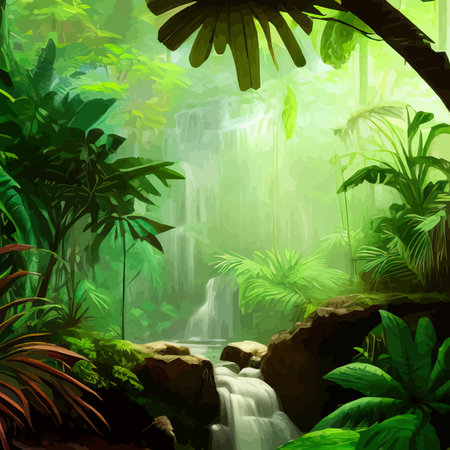 Lush Amazonian jungle with waterfalls and a raging river. Fantasy forest landscape with green trees and bushes. Wildlife vector illustrationのイラスト素材