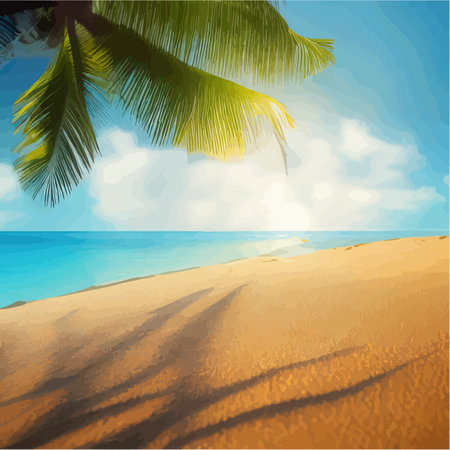 Tropical paradise island. Sandy beach, palm trees and sea. Vector cartoon illustration of Hawaii. Summer holidays. Golden sand on a sunny day, vector illustrationのイラスト素材