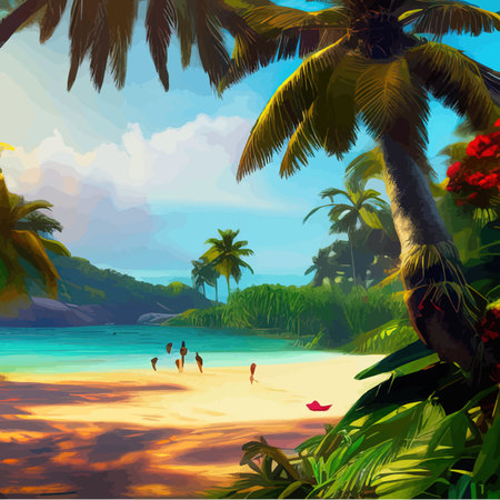 Tropical paradise island. Sandy beach, palm trees and sea. Vector cartoon illustration of Hawaii. Summer holidays. Golden sand on a sunny day, vector illustrationのイラスト素材