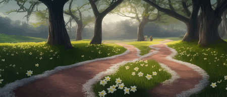 Fairy tale forest with path and flowers in clearing, spring park sun rays through the trees,...