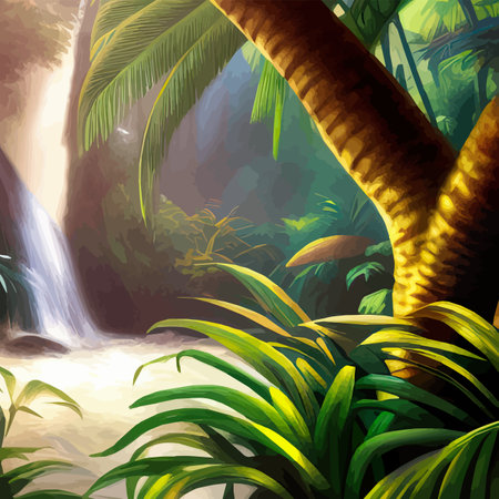 Lush Amazonian jungle with waterfalls and a raging river. Fantasy forest landscape with green trees and bushes. Wildlife vector illustrationのイラスト素材