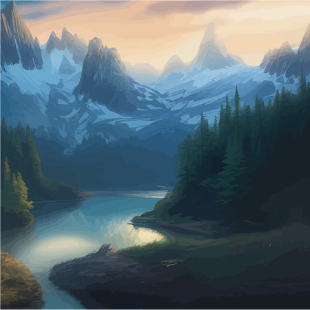 Fantasy epic magic mountain landscape. Summer nature. Mystical valley, with forest and river. Game assets. Stones and grass. Beautiful sky with clouds. Lakes and rivers, vector illustrationのイラスト素材