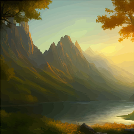 Fantasy epic magic mountain landscape. Summer nature. Mystical valley, with forest and river. Game assets. Stones and grass. Beautiful sky with clouds. Lakes and rivers, vector illustrationのイラスト素材