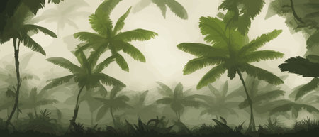 Tropical pattern with vintage palm trees. Tropical foggy forest vector illustration.のイラスト素材