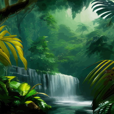 Lush Amazonian jungle with waterfalls and a raging river. Fantasy forest landscape with green trees and bushes. Wildlife vector illustrationのイラスト素材