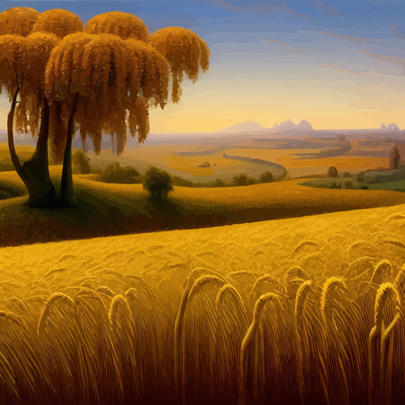 Landscape of wheat field, countryside scene, summer, panorama view vector illustrationのイラスト素材