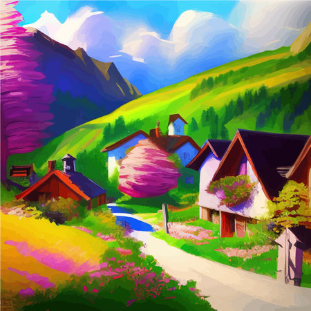 Scene with rural landscape. Blooming spring trees on street near house, hills and mountains. Vector illustration of bright springtimeのイラスト素材