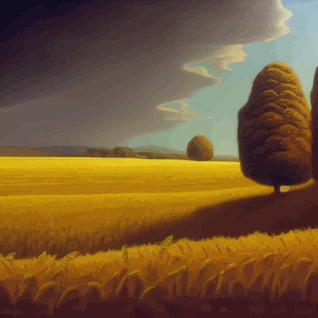 Landscape of wheat field, countryside scene, summer, panorama view vector illustrationのイラスト素材