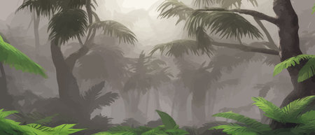 Tropical pattern with vintage palm trees. Tropical foggy forest vector illustration.のイラスト素材