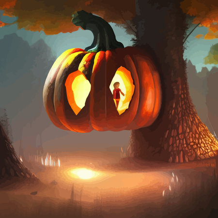 Close-up luminous Halloween pumpkin, named Jack-o-lantern, in forest for atmosphere and banner on this holiday, vector illustrationのイラスト素材
