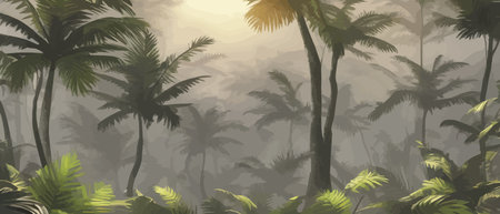 Tropical pattern with vintage palm trees. Tropical foggy forest vector illustration.のイラスト素材
