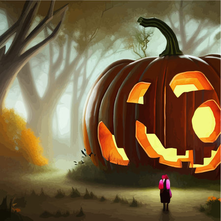 Close-up luminous Halloween pumpkin, named Jack-o-lantern, in forest for atmosphere and banner on this holiday, vector illustrationのイラスト素材
