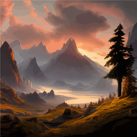 Fantasy epic magic mountain landscape. Summer nature. Mystical valley, with forest and river. Game assets. Stones and grass. Beautiful sky with clouds. Lakes and rivers, vector illustrationのイラスト素材