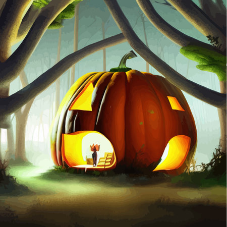 Close-up luminous Halloween pumpkin, named Jack-o-lantern, in forest for atmosphere and banner on this holiday, vector illustrationのイラスト素材